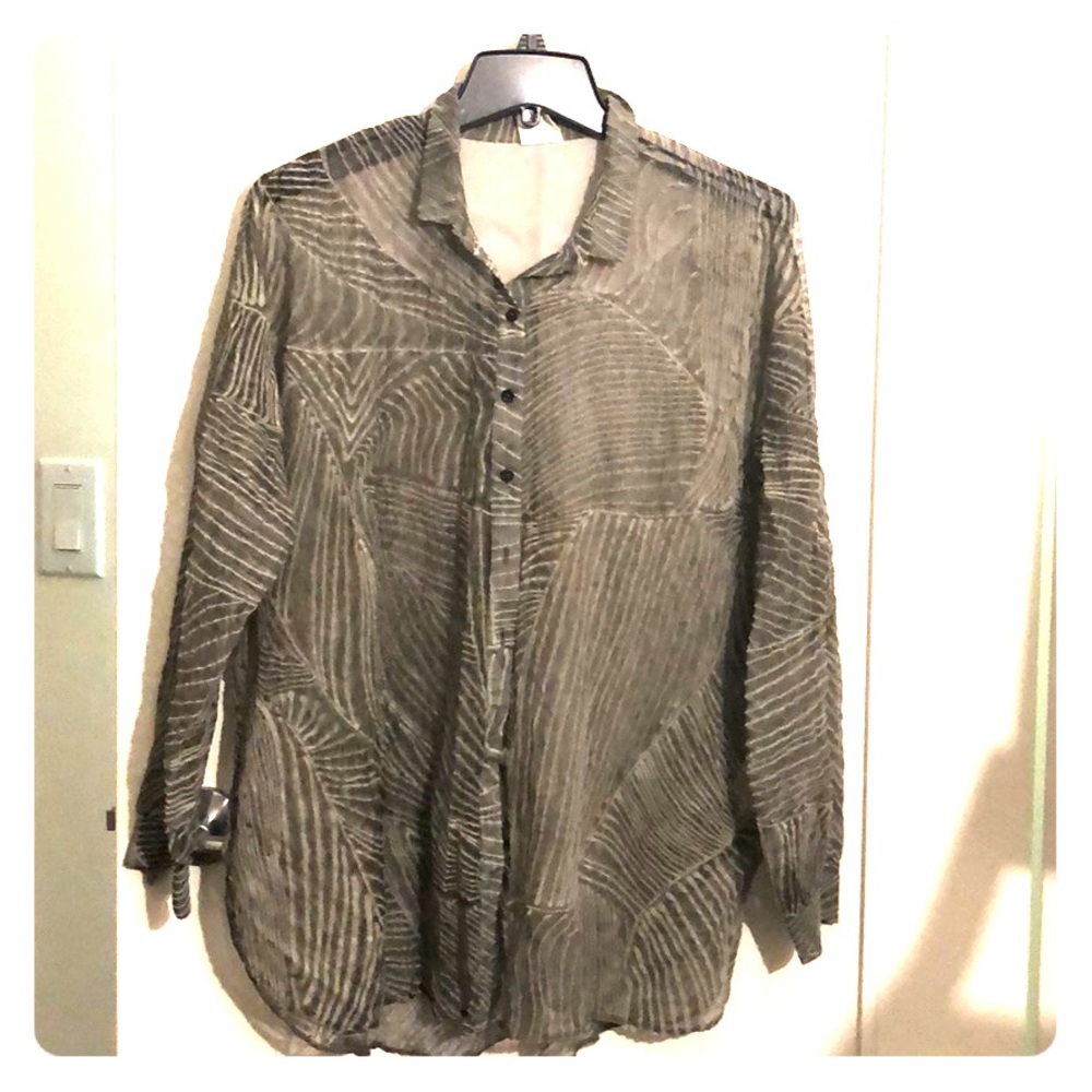 CREA sheer texture print button down flow shirt